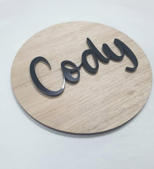 3D Circle Tasmanian Oak veneer Name Plaque + Acrylic -Single Name