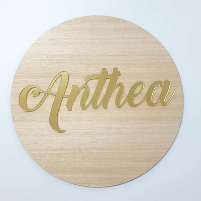3D Circle Tasmanian Oak veneer Name Plaque + Acrylic -Single Name