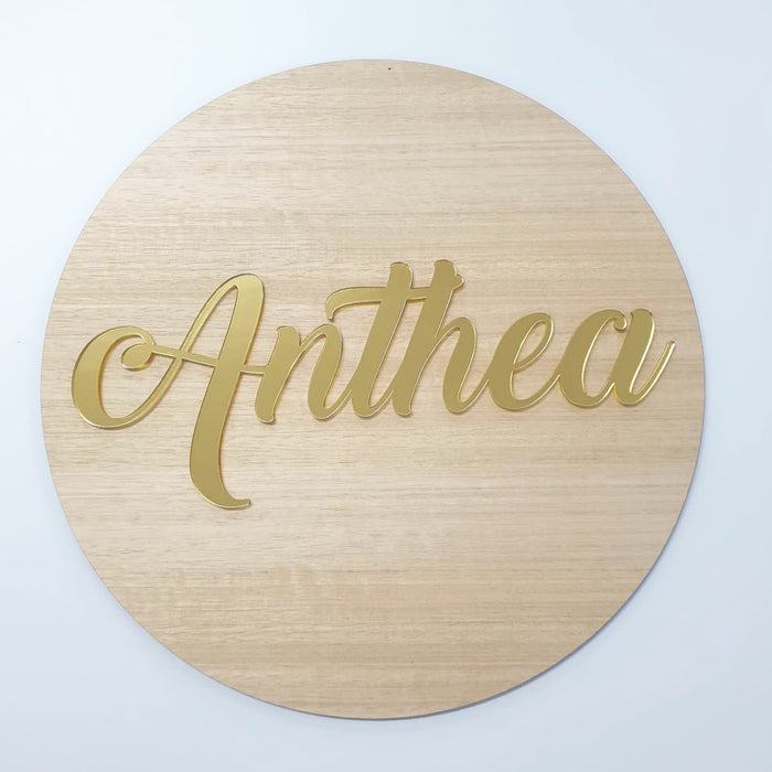 3D Circle Tasmanian Oak veneer Name Plaque + Acrylic -Single Name